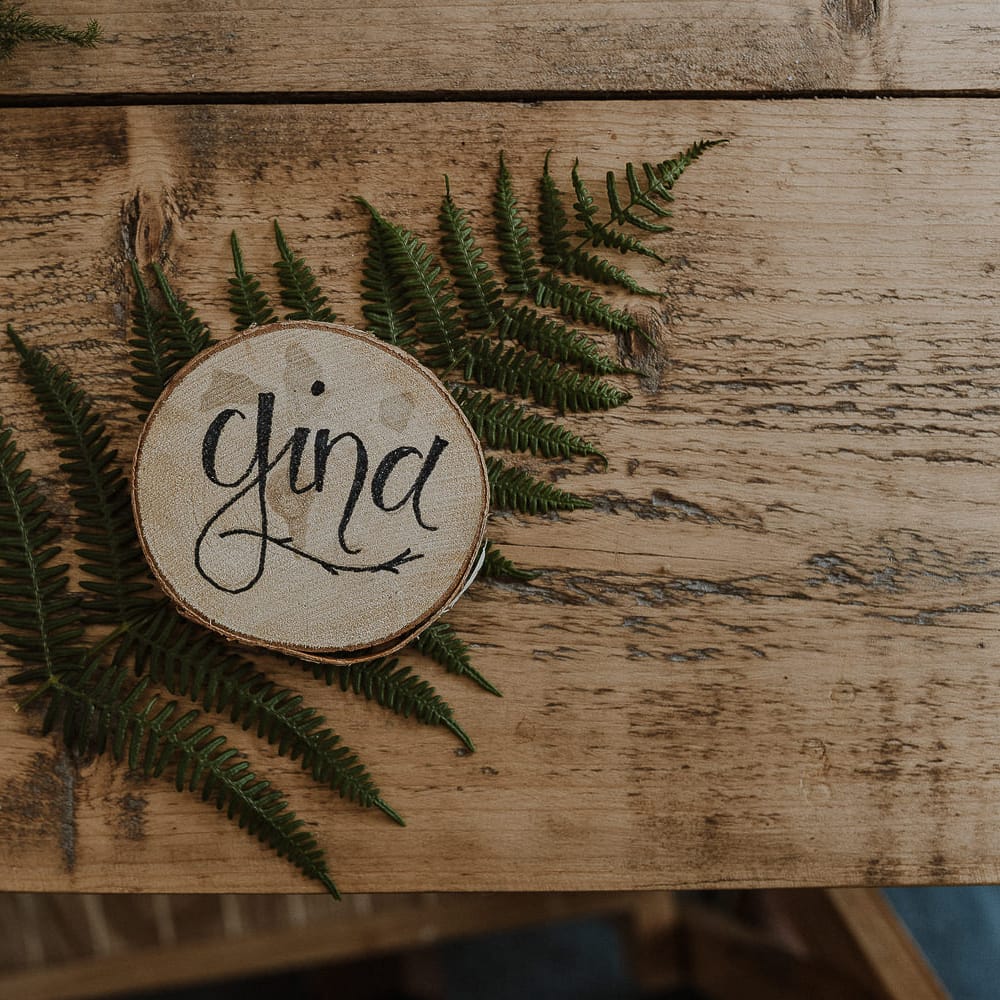 Fern Leaf and Personalised Wooden Tree Slice Name Place Setting