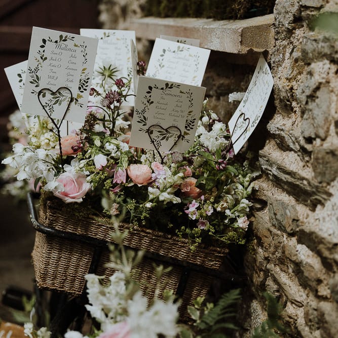 Vintage Bicycle Basket Filled with Flowers as a Wedding Table Plan