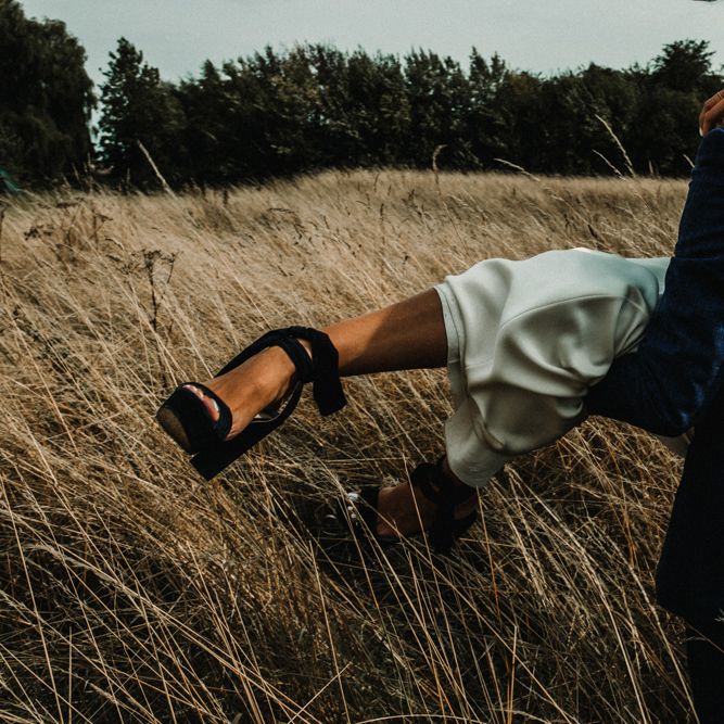 Something Blue Shoes // Bride In The Row For Bohemian Wedding In The Cotswolds With PapaKata Tipi And Ceremony At Merriscourt With Images From Carla Blain Photography
