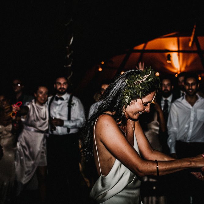 Bride In The Row For Bohemian Wedding In The Cotswolds With PapaKata Tipi And Ceremony At Merriscourt With Images From Carla Blain Photography