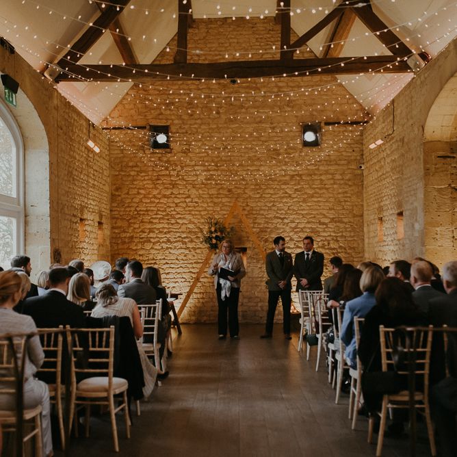 Lapstone Barn wedding ceremony with string lights