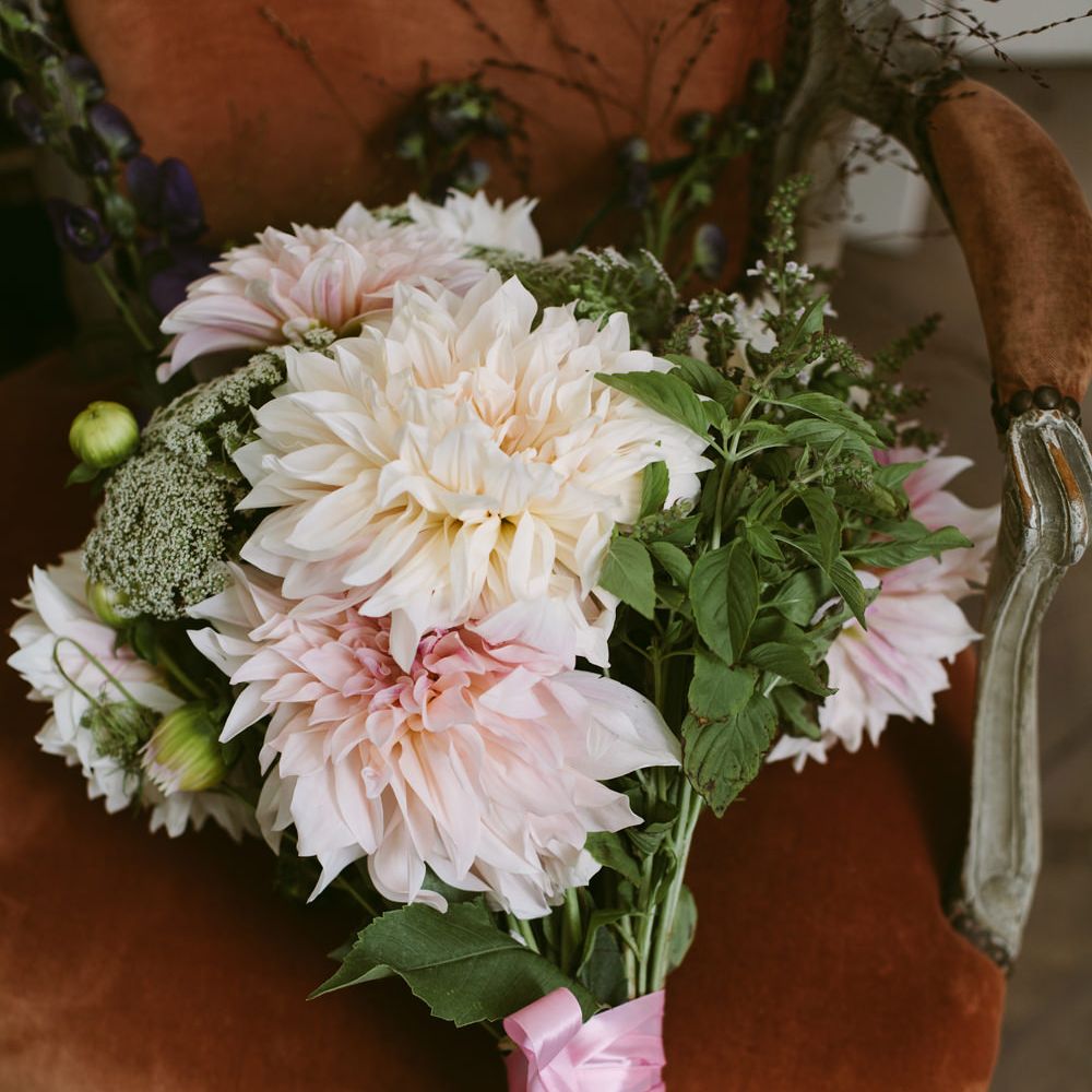 Dahlia Baby Pink Bouquet | Stylish Two Day Wedding at Château de Varennes, Burgundy, France with I Do BBQ After Party Planned by Bulle &amp; Tulle | Troistudios Photography | Studio80  Film