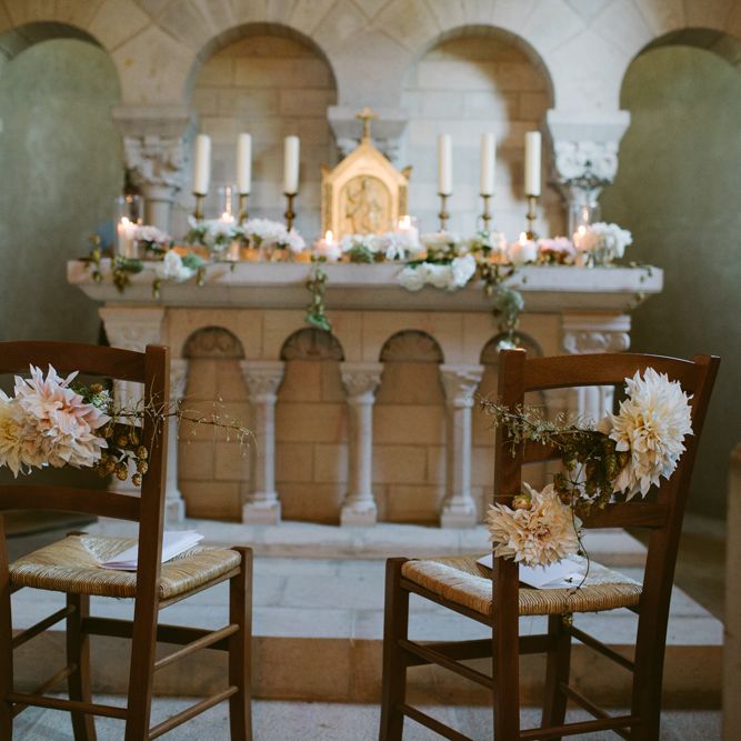 Altar Decor | Floral Chair Backs | Candle Light | Stylish Two Day Wedding at Château de Varennes, Burgundy, France with I Do BBQ After Party Planned by Bulle &amp; Tulle | Troistudios Photography | Studio80  Film