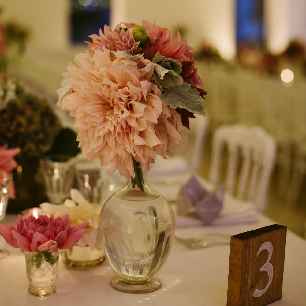 Pink Dahlia Flower Stems in Vase Centrepiece | Stylish Two Day Wedding at Château de Varennes, Burgundy, France with I Do BBQ After Party Planned by Bulle &amp; Tulle | Troistudios Photography | Studio80  Film