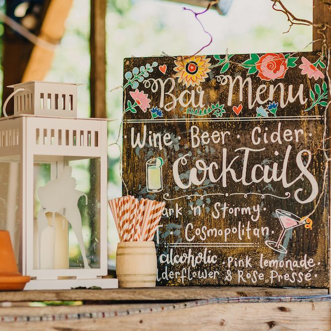 Chalkboard Bar Menu | White Lantern | Gold and White Striped Straws | Colourful Bunting Wedding Decor for a Festival Themed Marquee Wedding | Peppermint Love Photography