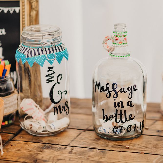 Message in a Bottle Jar | Colourful Bunting Wedding Decor for a Festival Themed Marquee Wedding | Peppermint Love Photography