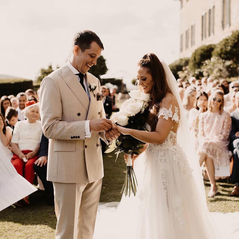 Bride in lace Galia Lahav wedding dress