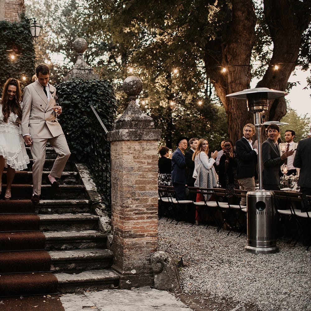 Bride in short lace dress for evening