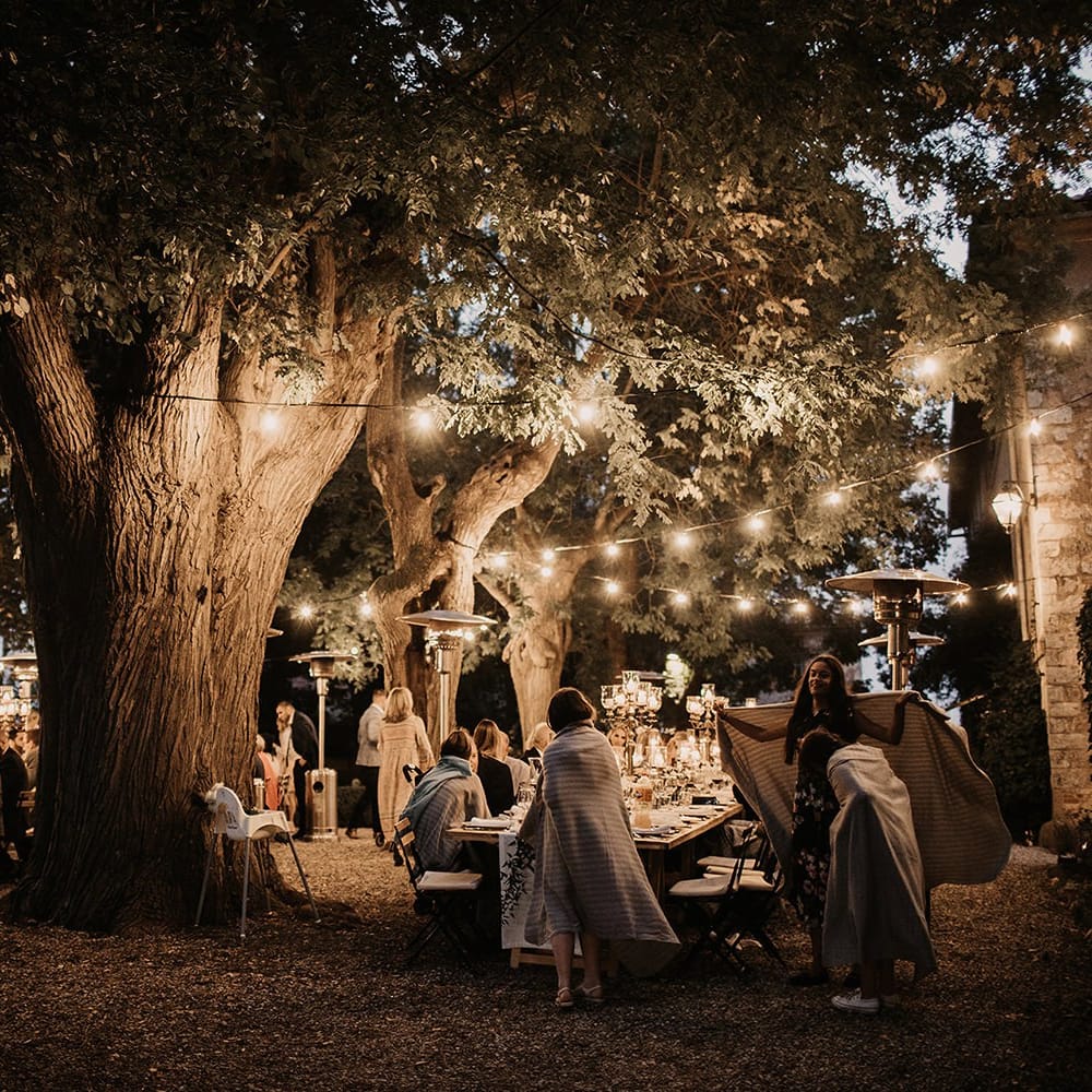 Festoon lighting for outdoor wedding breakfast