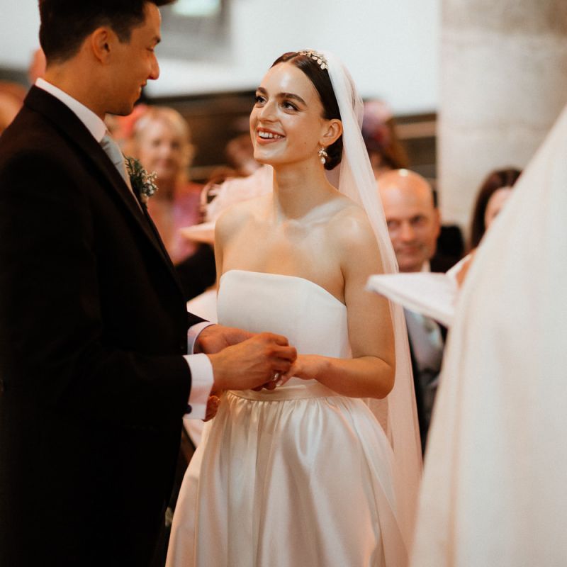 Bride In Strapless Wedding Dress For Church Ceremony
