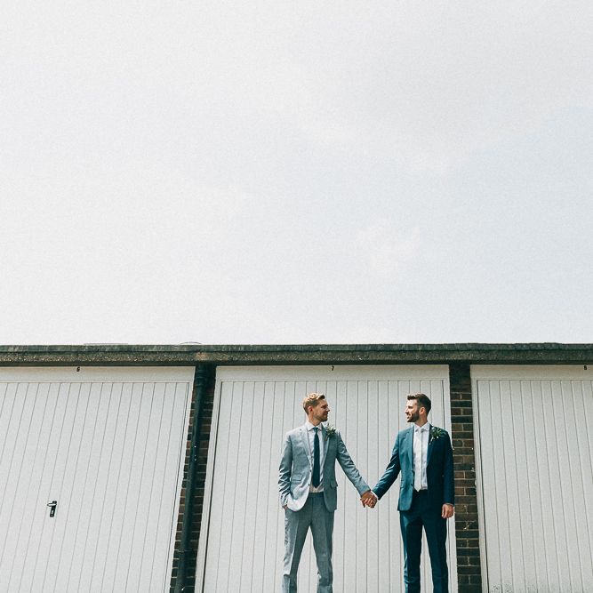 Pre Ceremony Photos in Shoreditch | Groom in Dark Petrol Blue Suit by Paul Smith | Groom in Light Blue Made To Measure Suit by Beggars Run | Same Sex Wedding with Industrial Styling at Wimborne House | Marmelo Photography