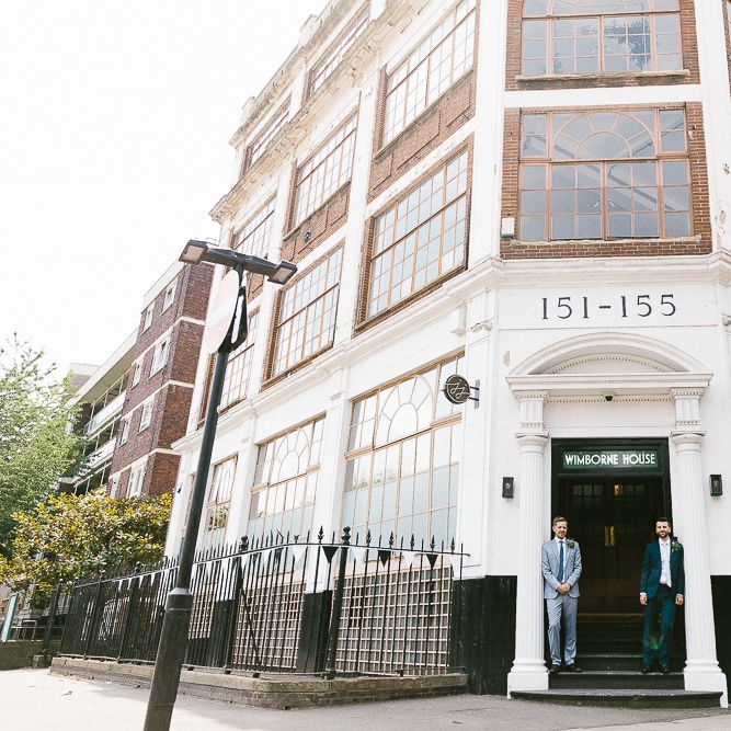 Arrival of the Grooms at Wimborne House | Groom in Dark Petrol Blue Suit by Paul Smith | Groom in Light Blue Made To Measure Suit by Beggars Run | Same Sex Wedding with Industrial Styling at Wimborne House | Marmelo Photography