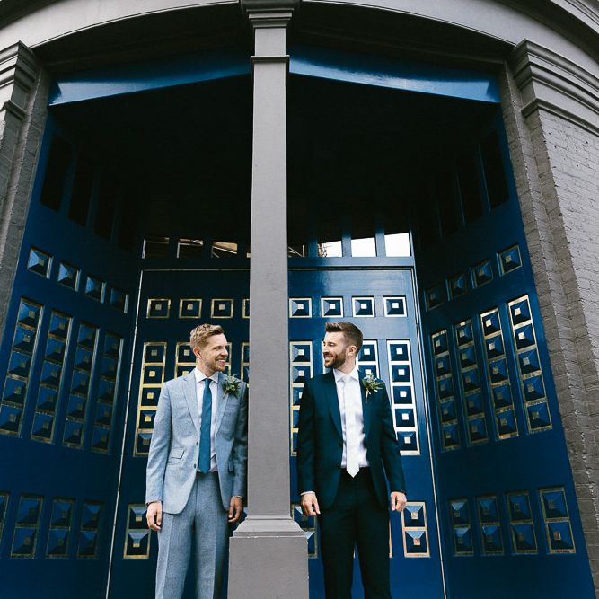 Wedding Morning at The Hoxton Hotel | Groom in Dark Petrol Blue Suit by Paul Smith | Groom in Light Blue Made To Measure Suit by Beggars Run | Same Sex Wedding with Industrial Styling at Wimborne House | Marmelo Photography