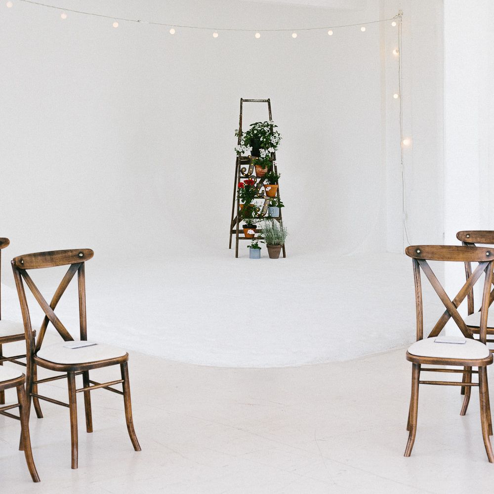 Wedding Ceremony Decor | Industrial Ladder with Potted Plants | Festoon Lights | Whitewashed Walls | Same Sex Wedding with Industrial Styling at Wimborne House | Marmelo Photography