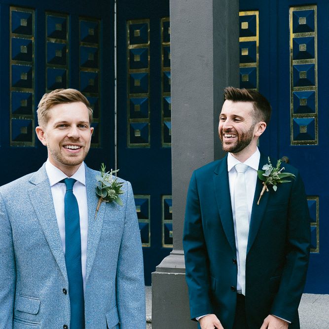 Wedding Morning at The Hoxton Hotel | Groom in Dark Petrol Blue Suit by Paul Smith | Groom in Light Blue Made To Measure Suit by Beggars Run | Same Sex Wedding with Industrial Styling at Wimborne House | Marmelo Photography