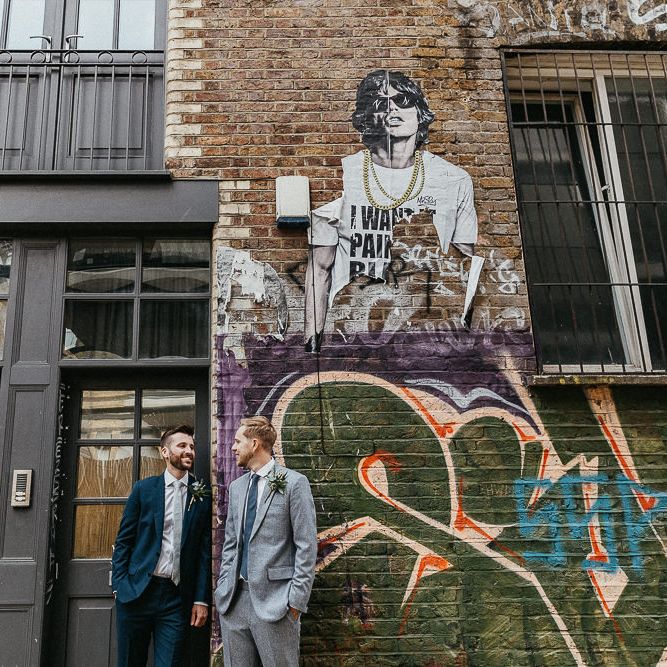 Pre Ceremony Photos in Shoreditch | Groom in Dark Petrol Blue Suit by Paul Smith | Groom in Light Blue Made To Measure Suit by Beggars Run | Same Sex Wedding with Industrial Styling at Wimborne House | Marmelo Photography