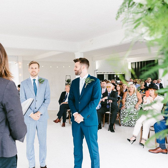 Wedding Ceremony | Groom in Dark Petrol Blue Suit by Paul Smith | Groom in Light Blue Made To Measure Suit by Beggars Run | Same Sex Wedding with Industrial Styling at Wimborne House | Marmelo Photography