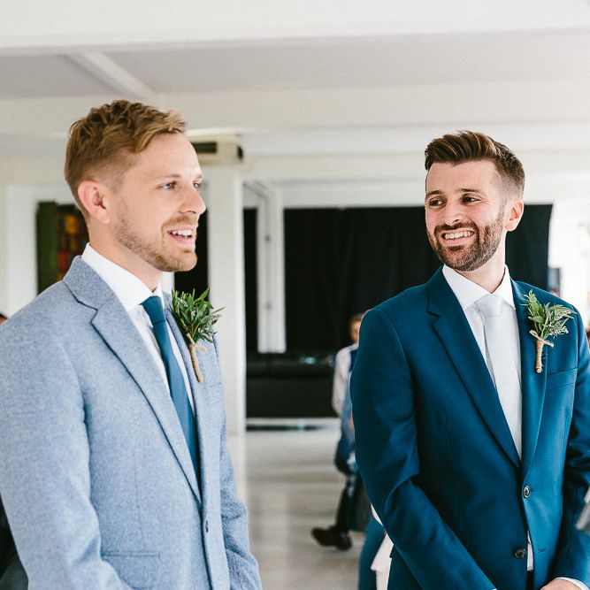 Wedding Ceremony | Groom in Dark Petrol Blue Suit by Paul Smith | Groom in Light Blue Made To Measure Suit by Beggars Run | Same Sex Wedding with Industrial Styling at Wimborne House | Marmelo Photography
