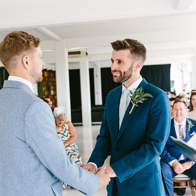 Wedding Ceremony | Groom in Dark Petrol Blue Suit by Paul Smith | Groom in Light Blue Made To Measure Suit by Beggars Run | Same Sex Wedding with Industrial Styling at Wimborne House | Marmelo Photography