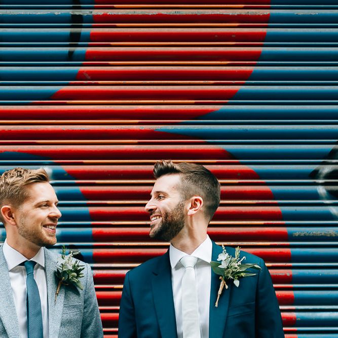 Pre Ceremony Photos in Shoreditch | Groom in Dark Petrol Blue Suit by Paul Smith | Groom in Light Blue Made To Measure Suit by Beggars Run | Same Sex Wedding with Industrial Styling at Wimborne House | Marmelo Photography