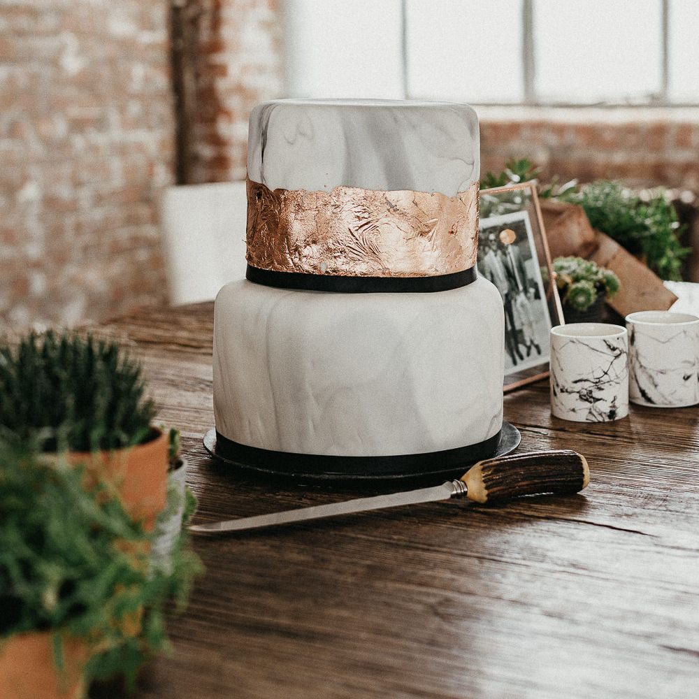 Marble Wedding Cake with Copper Leaf | Potted Plants | Succulents | Same Sex Wedding with Industrial Styling at Wimborne House | Marmelo Photography
