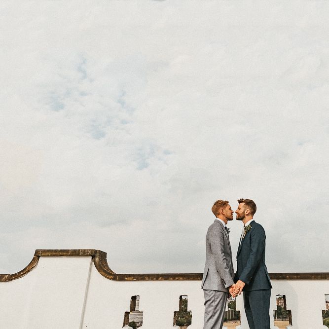 Groom in Dark Petrol Blue Suit by Paul Smith | Groom in Light Blue Made To Measure Suit by Beggars Run | Same Sex Wedding with Industrial Styling at Wimborne House | Marmelo Photography