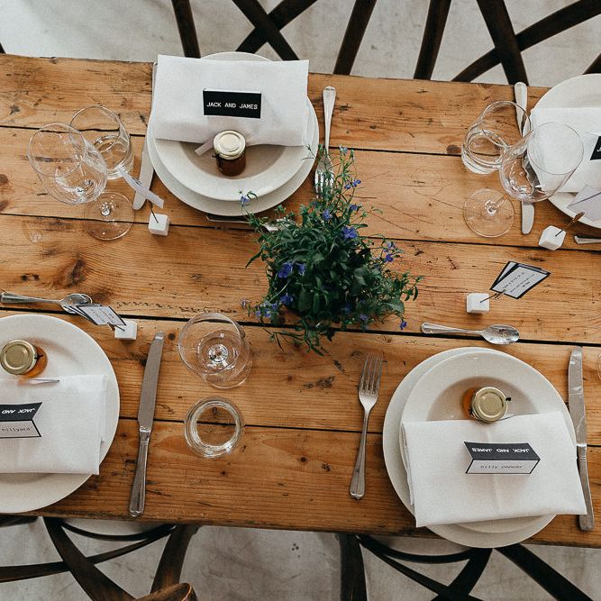 Wedding Reception Decor | Marmalade Wedding Favours | Trestle Table | Potted Plants | Place Settings | Same Sex Wedding with Industrial Styling at Wimborne House | Marmelo Photography