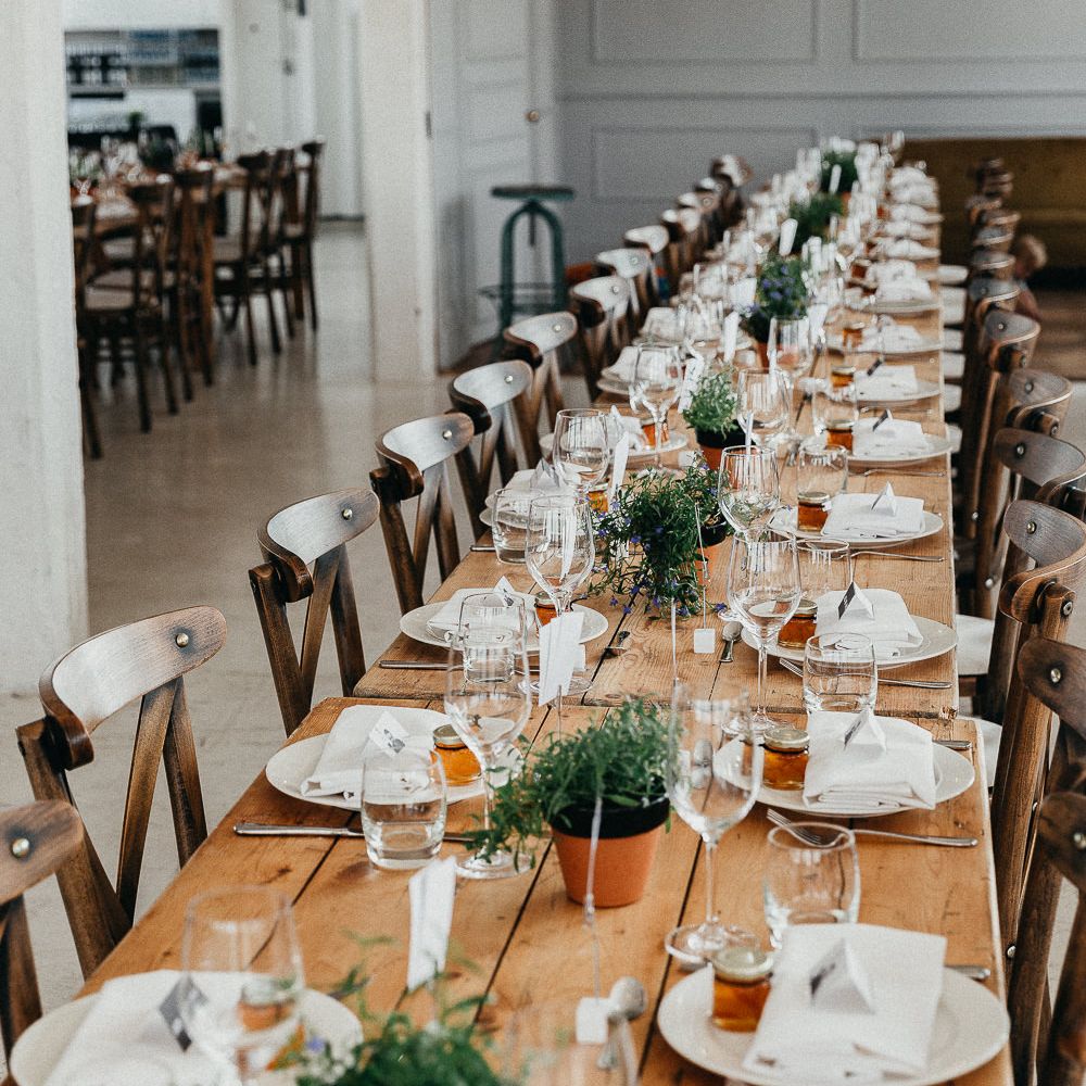 Wedding Reception Decor | Marmalade Wedding Favours | Trestle Table | Potted Plants | Place Settings | Same Sex Wedding with Industrial Styling at Wimborne House | Marmelo Photography