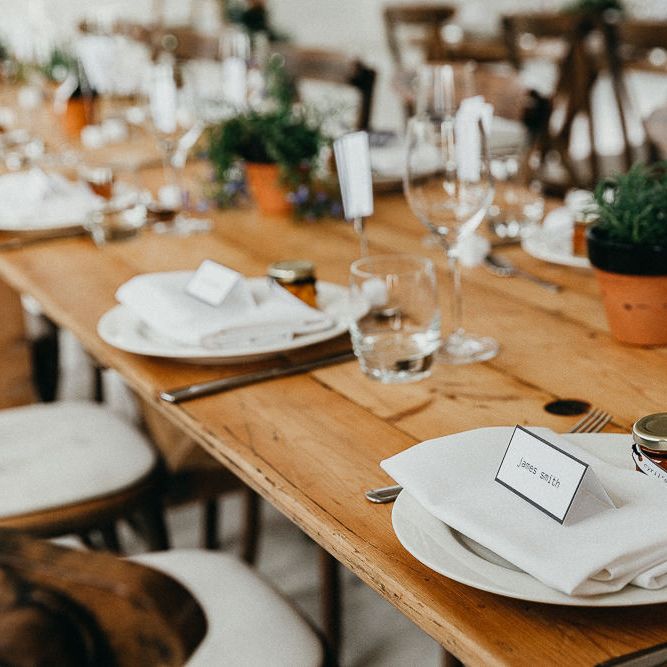 Wedding Reception Decor | Marmalade Wedding Favours | Trestle Table | Potted Plants | Place Settings | Same Sex Wedding with Industrial Styling at Wimborne House | Marmelo Photography