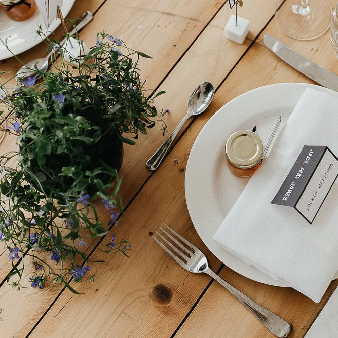 Wedding Reception Decor | Marmalade Wedding Favours | Trestle Table | Potted Plants | Place Settings | Same Sex Wedding with Industrial Styling at Wimborne House | Marmelo Photography