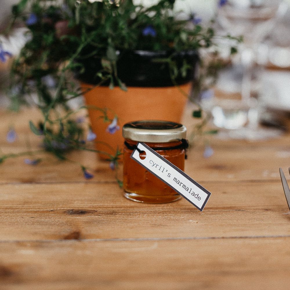 Wedding Reception Decor | Marmalade Wedding Favour | Trestle Table | Potted Plant | Same Sex Wedding with Industrial Styling at Wimborne House | Marmelo Photography