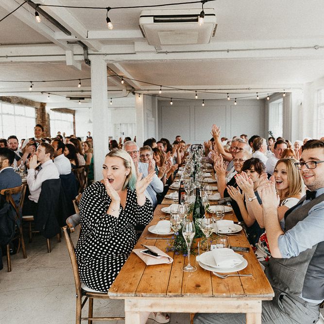 Wedding Reception at Wimborne House | Trestle Tables | Festoon Lights | Same Sex Wedding with Industrial Styling at Wimborne House | Marmelo Photography