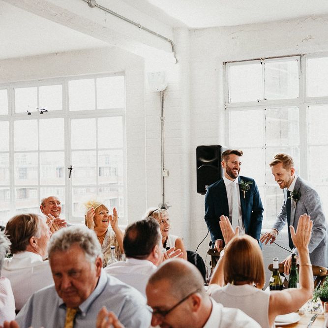 Groom in Dark Petrol Blue Suit by Paul Smith | Groom in Light Blue Made To Measure Suit by Beggars Run | Huge Warehouse Windows | Same Sex Wedding with Industrial Styling at Wimborne House | Marmelo Photography