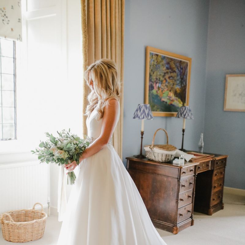 Bride on wedding morning in Sassi Holdford wedding dress