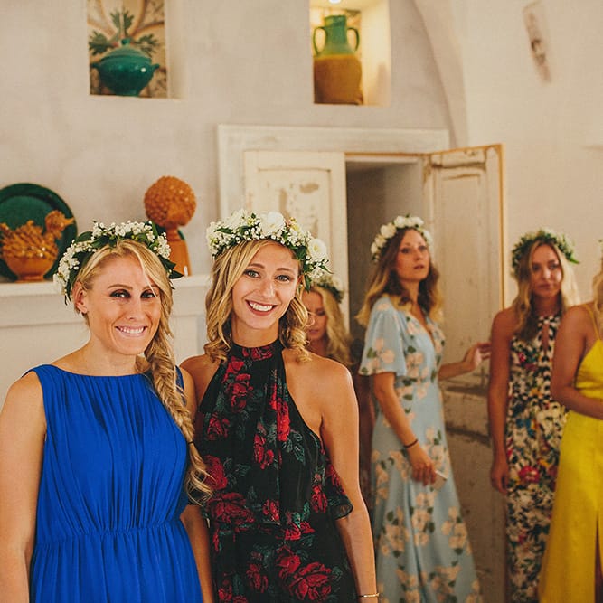 Wedding Morning Bridal Preparations | Bridesmaids in Different Brightly Coloured  Dresses | Brightly Coloured Destination Wedding at Masseria Potenti Wedding Venue, Puglia, South Italy | Petar Jurica Photography | Marco Odorino Film