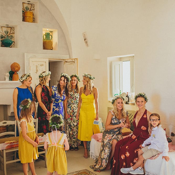 Wedding Morning Bridal Preparations | Bridesmaids in Different Brightly Coloured  Dresses | Brightly Coloured Destination Wedding at Masseria Potenti Wedding Venue, Puglia, South Italy | Petar Jurica Photography | Marco Odorino Film