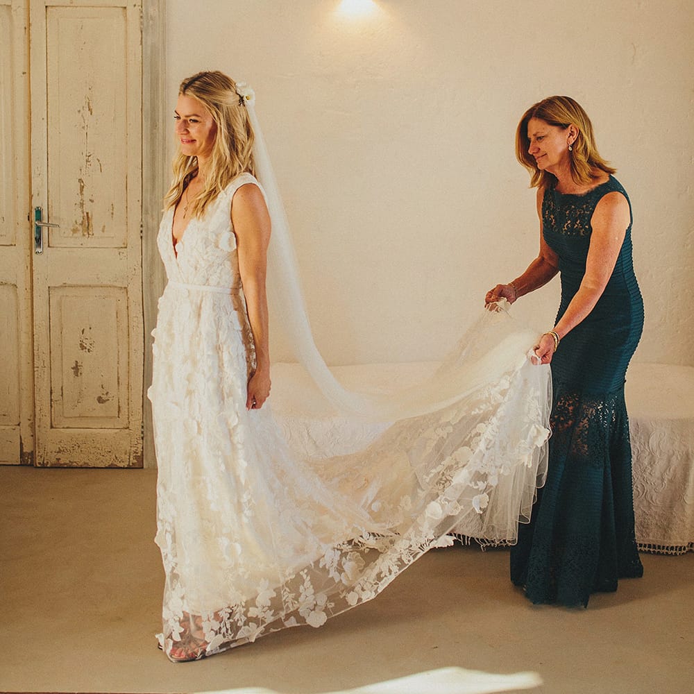 Wedding Morning Bridal Preparations | Bride in Custom Clemence Halfpenny London Bridal Gown | Brightly Coloured Destination Wedding at Masseria Potenti Wedding Venue, Puglia, South Italy | Petar Jurica Photography | Marco Odorino Film