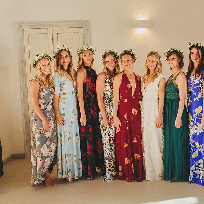 Bridal Party | Bridesmaids in Different Brightly Coloured  Dresses | Custom Clemence Halfpenny London Bridal Gown | Brightly Coloured Destination Wedding at Masseria Potenti Wedding Venue, Puglia, South Italy | Petar Jurica Photography | Marco Odorino Film