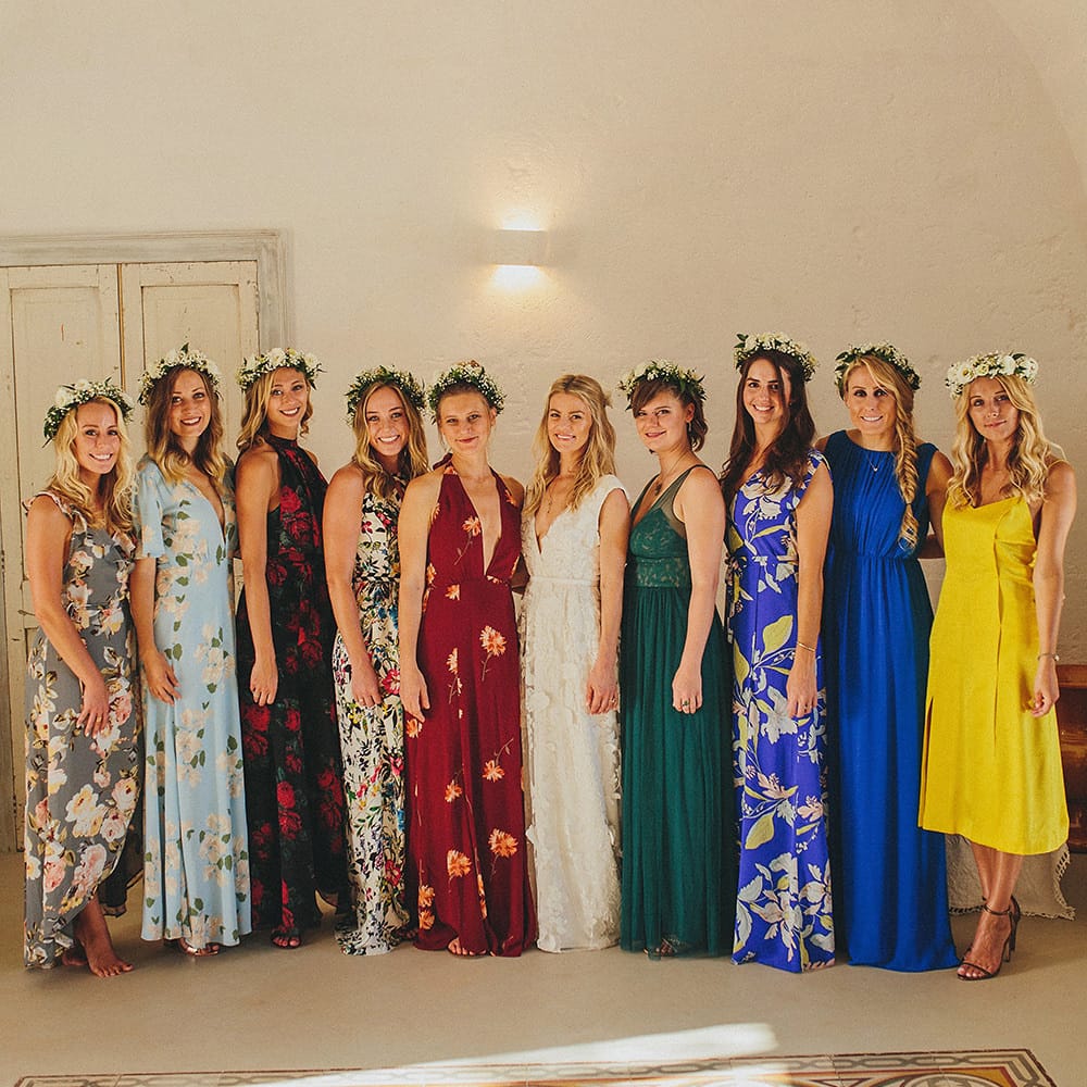 Bridal Party | Bridesmaids in Different Brightly Coloured  Dresses | Custom Clemence Halfpenny London Bridal Gown | Brightly Coloured Destination Wedding at Masseria Potenti Wedding Venue, Puglia, South Italy | Petar Jurica Photography | Marco Odorino Film