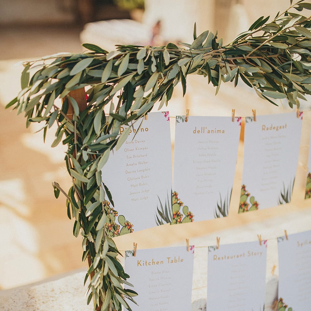 Table Plan with Greenery Frame | Brightly Coloured Destination Wedding at Masseria Potenti Wedding Venue, Puglia, South Italy | Petar Jurica Photography | Marco Odorino Film