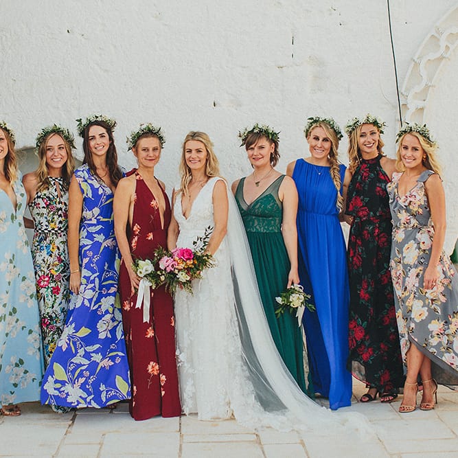 Bridal Party | Bridesmaids in Different Brightly Coloured  Dresses | Custom Clemence Halfpenny London Bridal Gown | Brightly Coloured Destination Wedding at Masseria Potenti Wedding Venue, Puglia, South Italy | Petar Jurica Photography | Marco Odorino Film