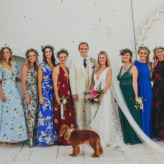 Bridal Party | Bridesmaids in Different Brightly Coloured  Dresses | Custom Clemence Halfpenny London Bridal Gown | Brightly Coloured Destination Wedding at Masseria Potenti Wedding Venue, Puglia, South Italy | Petar Jurica Photography | Marco Odorino Film