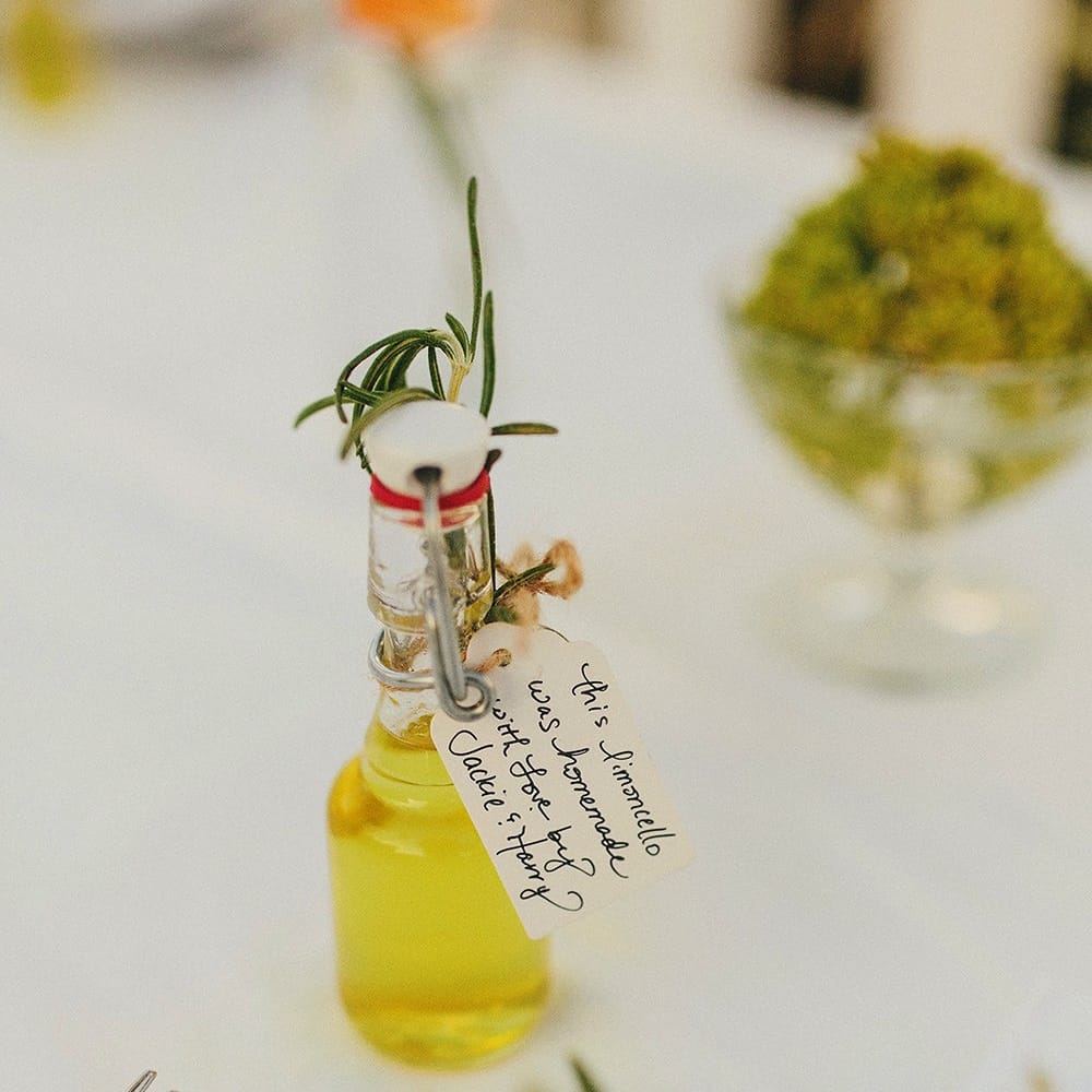 Homemade Limoncello  Wedding Favours | Brightly Coloured Destination Wedding at Masseria Potenti Wedding Venue, Puglia, South Italy | Petar Jurica Photography | Marco Odorino Film