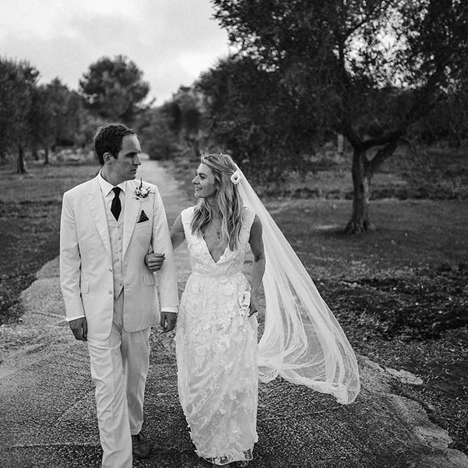 Bride in Custom Clemence Halfpenny London Bridal Gown | Groom in Cream Three Piece Suit | Brightly Coloured Destination Wedding at Masseria Potenti Wedding Venue, Puglia, South Italy | Petar Jurica Photography | Marco Odorino Film