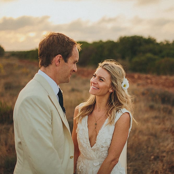 Bride in Custom Clemence Halfpenny London Bridal Gown | Groom in Cream Three Piece Suit | Brightly Coloured Destination Wedding at Masseria Potenti Wedding Venue, Puglia, South Italy | Petar Jurica Photography | Marco Odorino Film