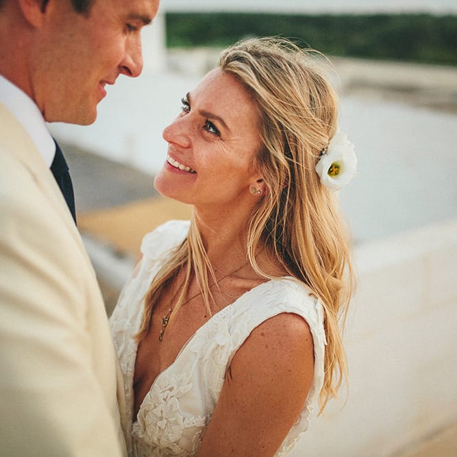 Bride in Custom Clemence Halfpenny London Bridal Gown | Groom in Cream Three Piece Suit | Brightly Coloured Destination Wedding at Masseria Potenti Wedding Venue, Puglia, South Italy | Petar Jurica Photography | Marco Odorino Film