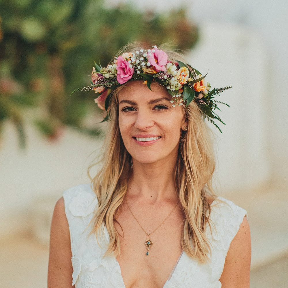Brightly Coloured Flower Crown | Bride in Custom Clemence Halfpenny London Bridal Gown | Brightly Coloured Destination Wedding at Masseria Potenti Wedding Venue, Puglia, South Italy | Petar Jurica Photography | Marco Odorino Film