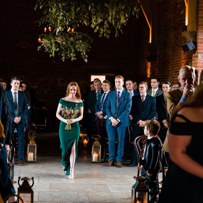 Wedding Ceremony Bridesmaid Entrance in Emerald Green Dress