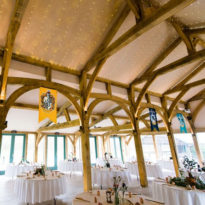 Hazel Gap Barn Decorated with Harry Potter House Flags