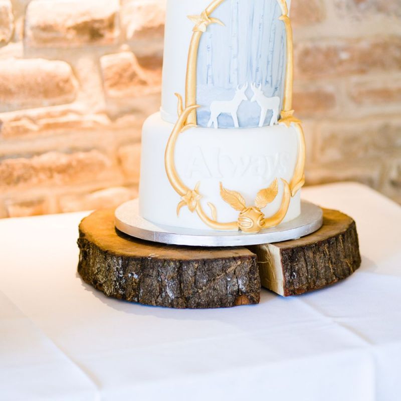 Harry Potter Wedding Cake on Tree Slice Cake Stand